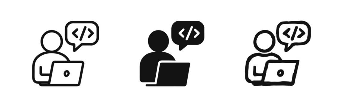 Programmer and developer icon set. Person using laptop with coding symbol in speech bubble for tech work.