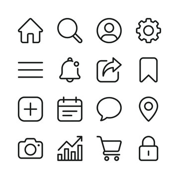 Versatile set of sixteen clean outline icons for user interface and web design
