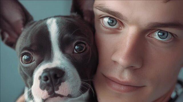 A heartwarming tablet of an owner lovingly cuddling with his loyal canine companion.