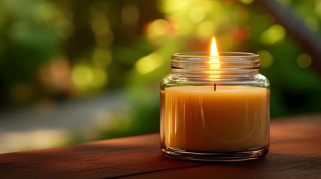 Close Up of Lit Candle in Glass Jar with Warm Glow