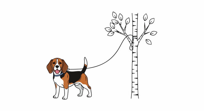 Cartoon beagle on leash tied to a tree with few leaves