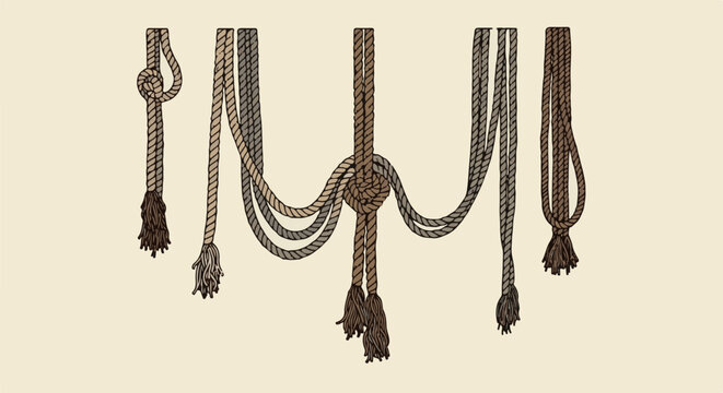 An illustration of various knotted and unknotted ropes hanging
