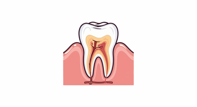 Anatomical illustration of a tooth with exposed roots and inner canal structure