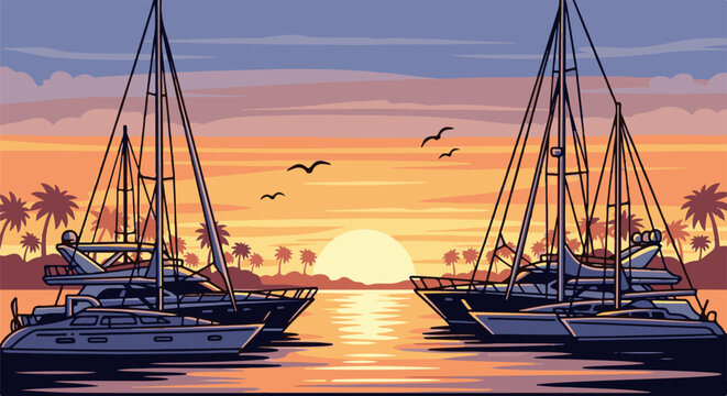 Two large yachts dock near a tropical island at sunset, with palm trees and birds in sky
