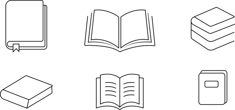 Minimal book line icon set featuring open books, closed books, notebook symbol and reading illustrations in clean outline style.