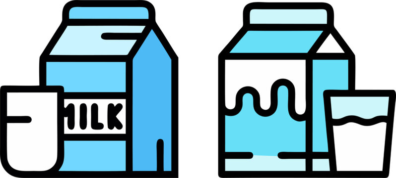 Fresh milk carton and glass icon set for dairy product and healthy breakfast