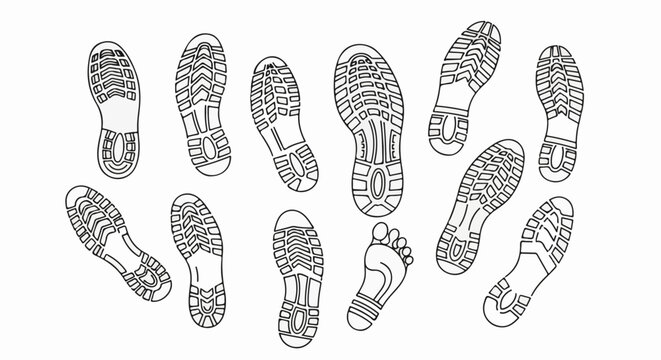 Various footwear soles and one bare footprint shown in black outline