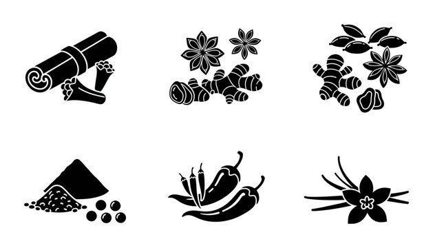 6 Spice silhouette icons cinnamon ginger chili vanilla star anise, solid black style, food cooking set