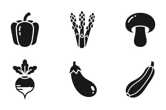 6 Vegetable silhouette icons pepper asparagus mushroom radish eggplant zucchini, solid black style, food grocery