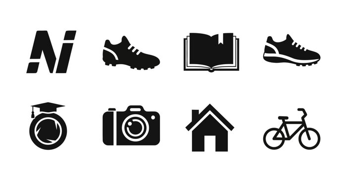 8 Lifestyle silhouette icons book camera bicycle house shoes, solid black style, hobby collection