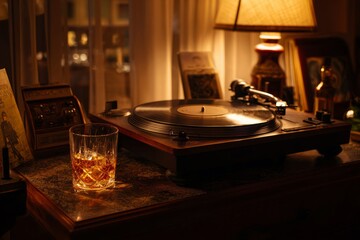 Obraz premium A turntable plays a vinyl record under warm lamplight in a cozy room.