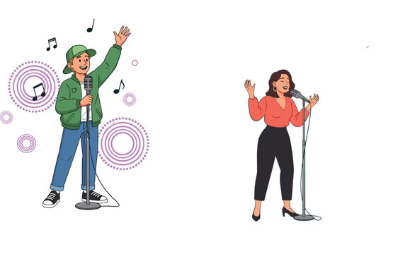 Cartoon Singer and Performer with Microphone, Fun Music and Stage Performance Illustration for Concert and Show Themes