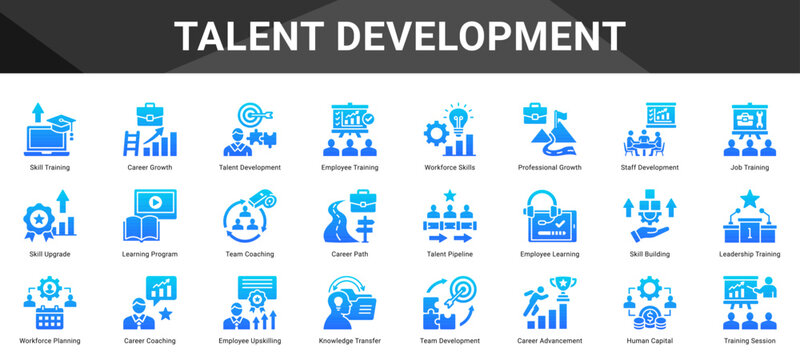TALENT DEVELOPMENT  Icon set collection. Vector icon pack featuring thematic icons for your presentations or business.