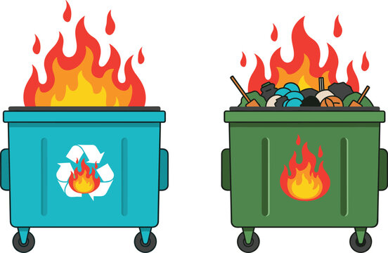 Cartoon-style vector illustration of burning trash bins with flames, one featuring recyclable materials and the other with general waste
