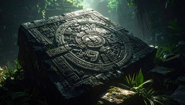 Ancient Mayan Stone Calendar Stele Deeply Incised with Intricate Glyphs in Lush Jungle Ruins