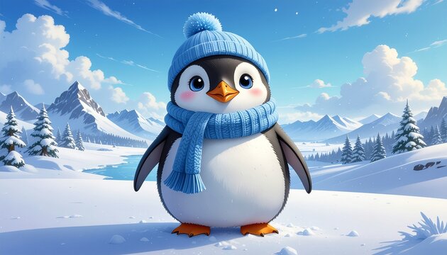 Ilustrasi penguin anime original memakai syal rajut di salju
