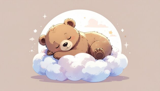 Ilustrasi beruang coklat gaya anime tidur di atas awan kecil