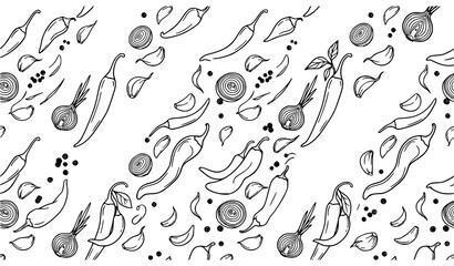 Obraz premium Chili garlic onion pepper diagonal seamless pattern minimalist hand drawn food vector