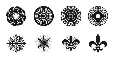 8 Mandala silhouette icons fleur de lis snowflakes, solid black style, decorative ornament set © Sizan