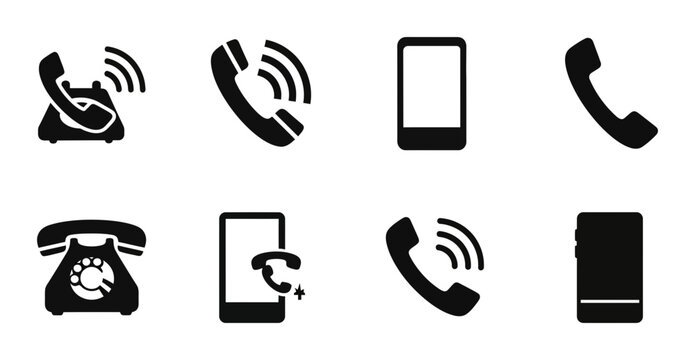 8 Telephone silhouette icons smartphone handset rotary dial, solid black style, communication set