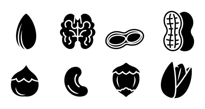 8 Nut silhouette icons walnut peanut almond cashew pistachio, solid black style, food snack collection