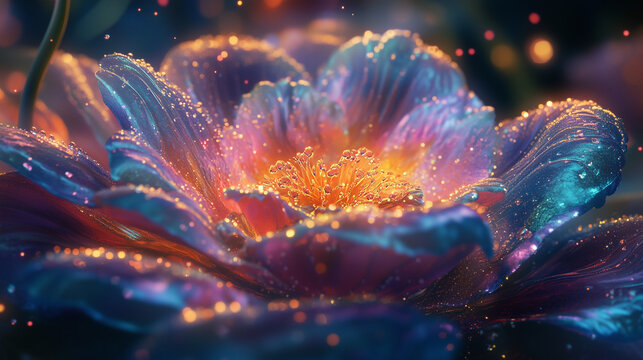 Realistic image of  beautiful flower with shiny blue and pink petals with luminous core with sparkling stamens