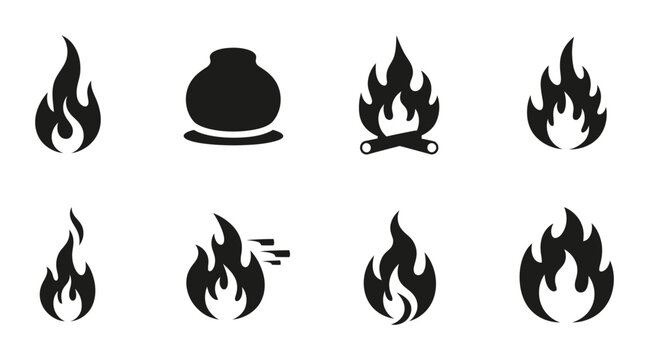 8 Fire silhouette icons bonfire logs pot flame, solid black style, camping outdoor adventure set