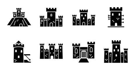 8 Castle silhouette icons medieval fortress towers, solid black style, historical architecture set © Sizan