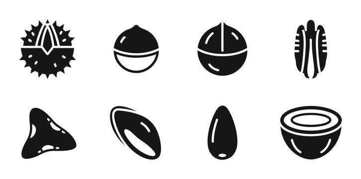 8 Nut silhouette icons chestnut macadamia pecan almond coconut, solid black style, food snack set