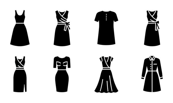 8 Women Dress Silhouette Icons Set, Solid Black Style, Female Fashion Apparel Clothing Collection