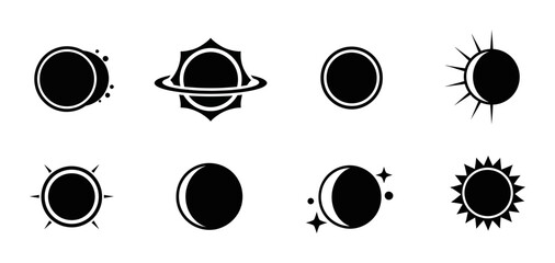 8 Solar Eclipse silhouette icons moon phases sun rings stars, solid black style, astronomy science set © Sijan