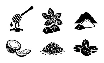 6 Food Ingredient Silhouette Icons Honey Mint Chocolate Coconut Pistachio, Solid Black Style, Healthy Cooking Set © Sijan