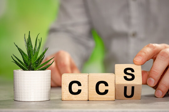 The man turns a wooden block with the symbol Wooden cubes form the symbol CCU,carbon capture utilization and CCS, carbon capture storage. Environmental Business concept, Net zero action, Save energy, 