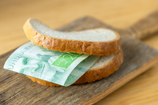 Sweden prices. A 200 Swedish krona note placed between two slices of bread. Analyzing expenses, the cost of living, overspending savings. A financial and economic concept. Close up.
