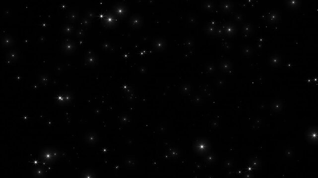 Black white star sparkles background with scattered glowing points, soft light flares, and empty night space. for magic videos, elegant titles, holiday overlays, fantasy scenes, and cinematic intros.