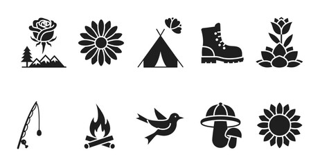 10 Nature silhouette icons tent campfire flowers bird mushroom, solid black style, outdoor camping travel © Taskin