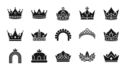 15 Royal Crown silhouette icons tiara laurel wreath, solid black style, luxury jewelry set © Taskin
