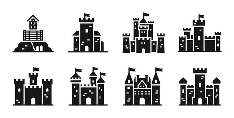 8 Castle silhouette icons towers flags fortress, solid black style, medieval architecture travel set © Taskin