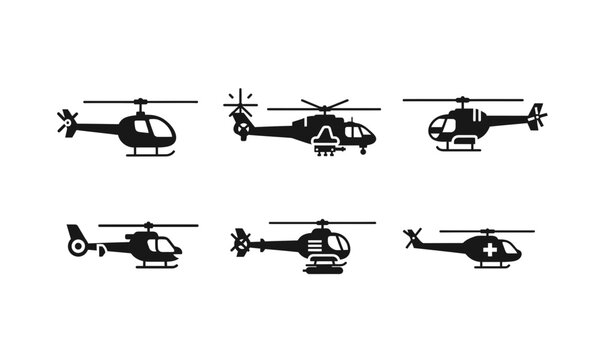 6 Helicopter silhouette icons military medical transport aircraft, solid black style, aviation set