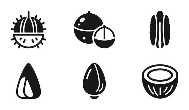 6 Nut silhouette icons chestnut macadamia pecan almond hazelnut coconut, solid black style, food category
