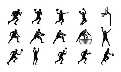 15 Basketball Player silhouette icons ball hoop dunk dribble, solid black style, sports competition © Taskin