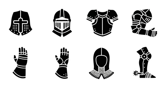 8 Medieval Knight Armor silhouette icons including helmet gauntlet breastplate, solid black style, history collection