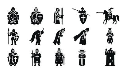 Obraz premium 15 Medieval Knight silhouette icons sword shield horse castle, solid black style, history gaming