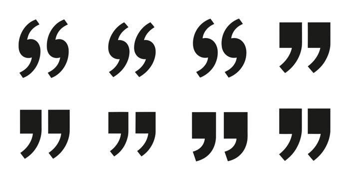 8 Quotation Mark silhouette icons double comma shapes, solid black style, editorial publishing set