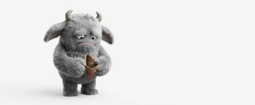 Sad fluffy monster looking into an empty wallet. Financial struggle and bankruptcy concept. Cute creature feeling poor and broke with no money in crisis. Isolated on white background.