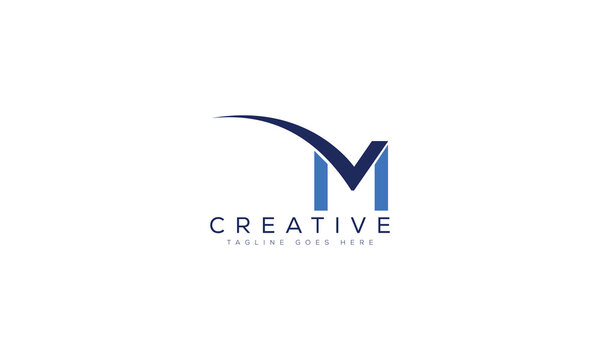 Dynamic blue letter m creative logo design with sweeping arc swoosh, letter