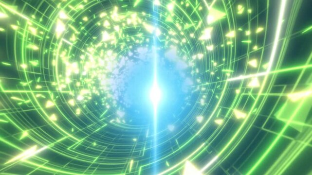 Glowing green circular tunnel with geometric lines and scattered triangle particles