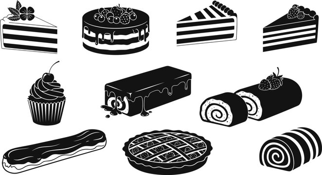 Black and white silhouette collection of various cakes and pastries