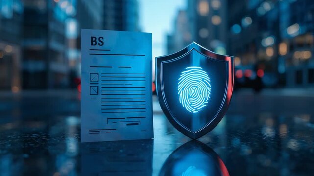 Background screening document labeled BS next to metallic shield with fingerprint on reflective surface in blue toned urban night cityscape
