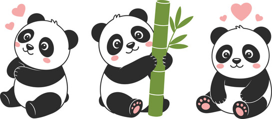 Cute panda cartoon set bamboo love hearts adorable animal characters illustration kawaii style collection playful design © Ara